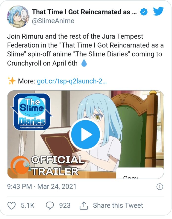 Twitter announcement on The Slime Diaries