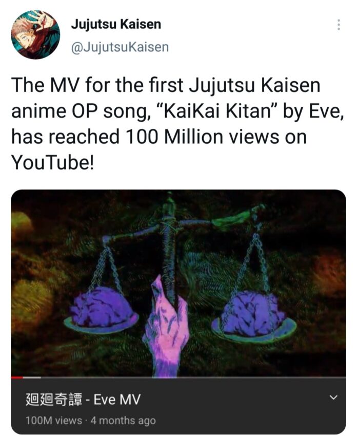 Jujutsu Kaisen's OST by Eve surpass 100 million views tweet by a fan